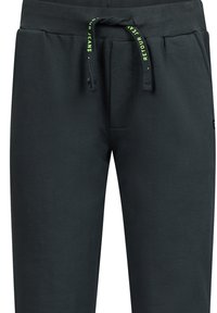 Dunkelgraue Sweatpants aus Baumwollmix mit elastischem Bund, neongrüner Kordel und seitlichen Taschen. Glatte Textur, lässiger Schnitt.