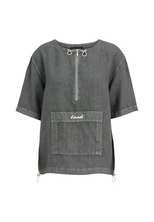Dark gray short-sleeve shirt with front zipper, large pocket labeled "look," and adjustable drawstrings at hem sides.