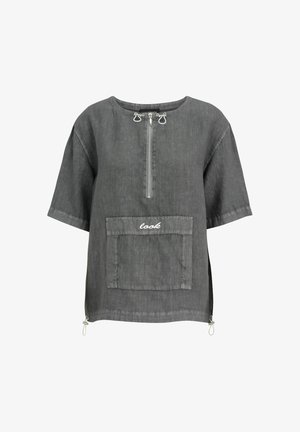 Dark gray short-sleeve shirt with front zipper, large pocket labeled "look," and adjustable drawstrings at hem sides.