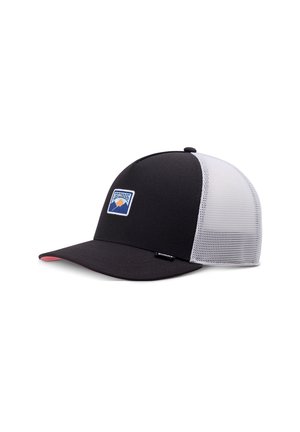 Black baseball cap with a solid front and mesh back, featuring a colorful embroidered logo patch on the front and a pink underside of the brim.