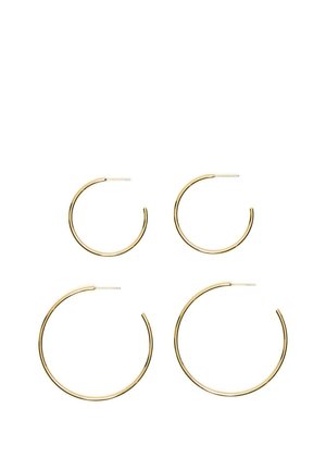 Zwei Paare dünner goldener Creolen in kleinen und großen Größen auf weißem Hintergrund dargestellt.