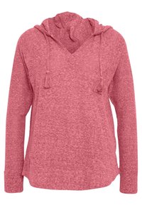 Rode hoodie met lange mouwen en een V-hals, voorzien van verstelbare trekkoorden. Zachte, gestructureerde stof met zijslits voor extra bewegingsvrijheid.