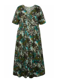 Kurzes, ärmelloses Kleid mit V-Ausschnitt, das ein mehrfarbiges Blumen- und abstraktes Muster in Grün, Braun und Blau aufweist, gefertigt aus leichtem Stoff.