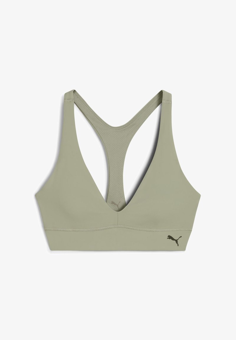 Kerge oliivroheline spordirinnahoidja sügava V-kaelusega, racerback disainiga ja pehme, tekstuuriga materjalist; sisaldab kontrastset musta logo.