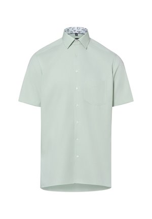 Chemise vert clair à manches courtes, boutonnée, avec poche poitrine et doublure intérieure du col à motifs.