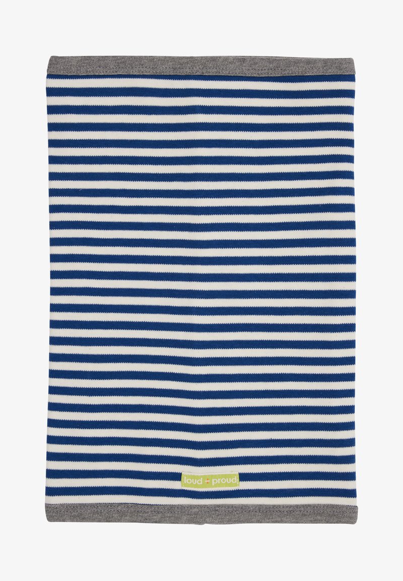 Tessuto di cotone a righe blu e bianche con un bordo grigio a coste. Presenta un piccolo etichetta verde, "loud + proud," vicino al fondo.