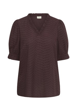 Blusa de manga corta color burdeos oscuro con escote en V, mangas abullonadas, delicado patrón texturizado en zigzag, y volante en los puños y el escote.