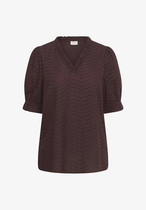Blouse bordeaux foncé à manches courtes avec col en V, manches bouffantes, motif délicat en zigzag texturé et bordure à volants aux poignets et à l'encolure.