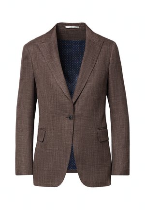 Brązowa, fakturowana marynarka na jeden guzik z klapami, kieszeniami z patkami oraz granatową podszewką w kropki.