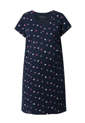 Granatowa, krótkorękawowa koszula nocna z małym nadrukiem kwiatów w kolorach różowym, białym i fioletowym oraz częściowym zapięciem na guziki z przodu.