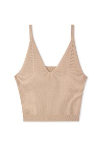 Top corto a costine beige con scollo a V, spalline sottili, tessuto testurizzato e design aderente. Dettagli delle cuciture lungo i lati.