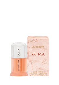 Laura Biagiotti Roma Eau de Toilette, 50ml, verfügt über eine orangefarbene Duftflasche mit einem transparenten Deckel und einer Box im Marmorlook.
