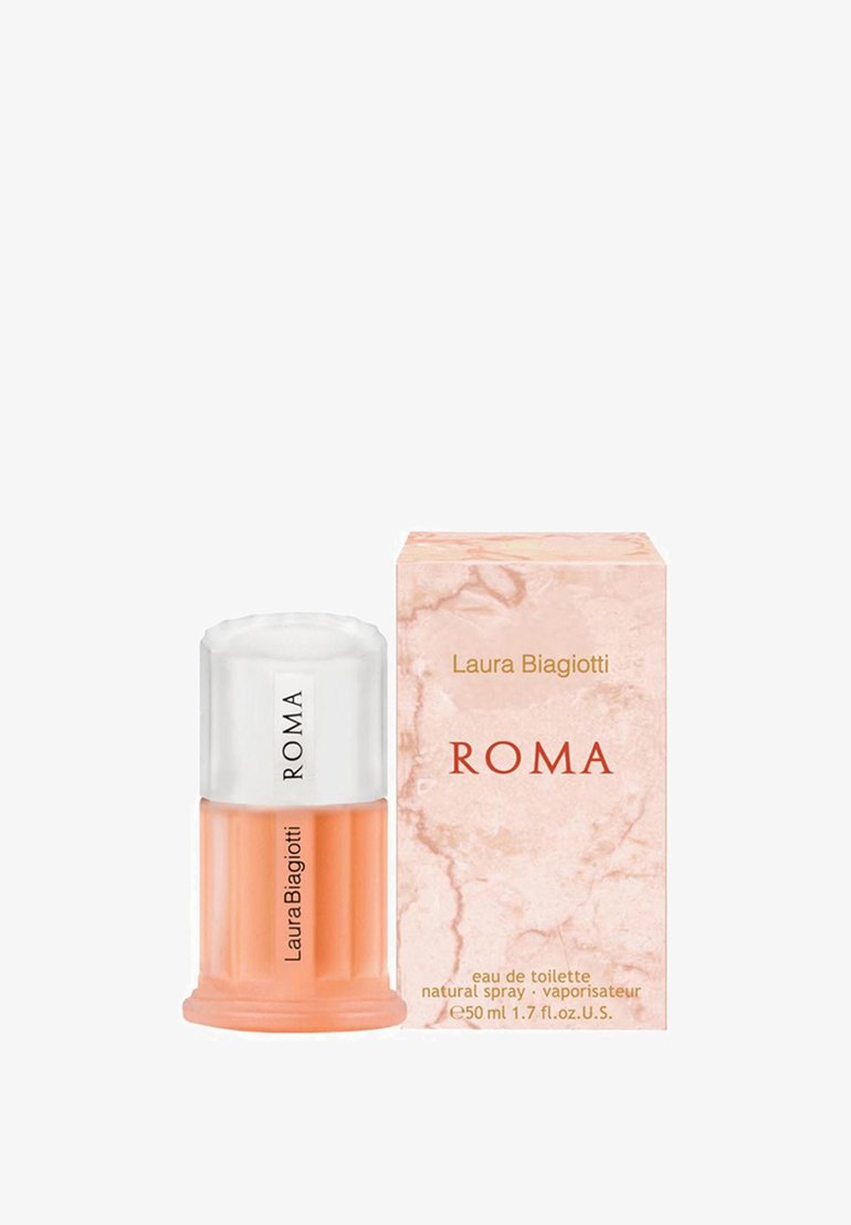 Laura Biagiotti Roma Eau de Toilette, 50ml, verfügt über eine orangefarbene Duftflasche mit einem transparenten Deckel und einer Box im Marmorlook.