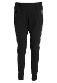 Zwarte tapermode broeken met een elastische tailleband, voorzien van zijzakken met rits en witte strepen langs de buitenste naden.