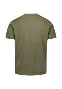 Olijfgroene t-shirt met korte mouwen en een ronde hals, gemaakt van zacht katoen, met een gladde textuur en minimale stikdetails.