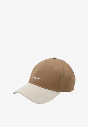 Casquette de baseball marron avec une visière crème. Présente une broderie d'animal blanche discrète à l'avant. Fabriquée en coton avec un design structuré.