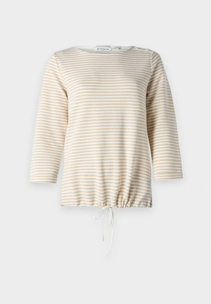 Pullover a righe in beige e crema, con scollatura rotonda, maniche a tre quarti e orlo regolabile con coulisse.