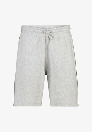 Lichtgrijze shorts met trekkoord en elastische tailleband, voorzien van zwarte zijstrepen, ontworpen voor casual of sportief gebruik.