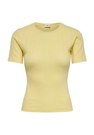 Yellow short-sleeve knitted top with round neckline and subtle vertical ribbed pattern, fitted silhouette.