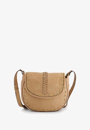 Tan leather crossbody bag with braided detail on the flap and studded accents along the edges. Adjustable shoulder strap included.