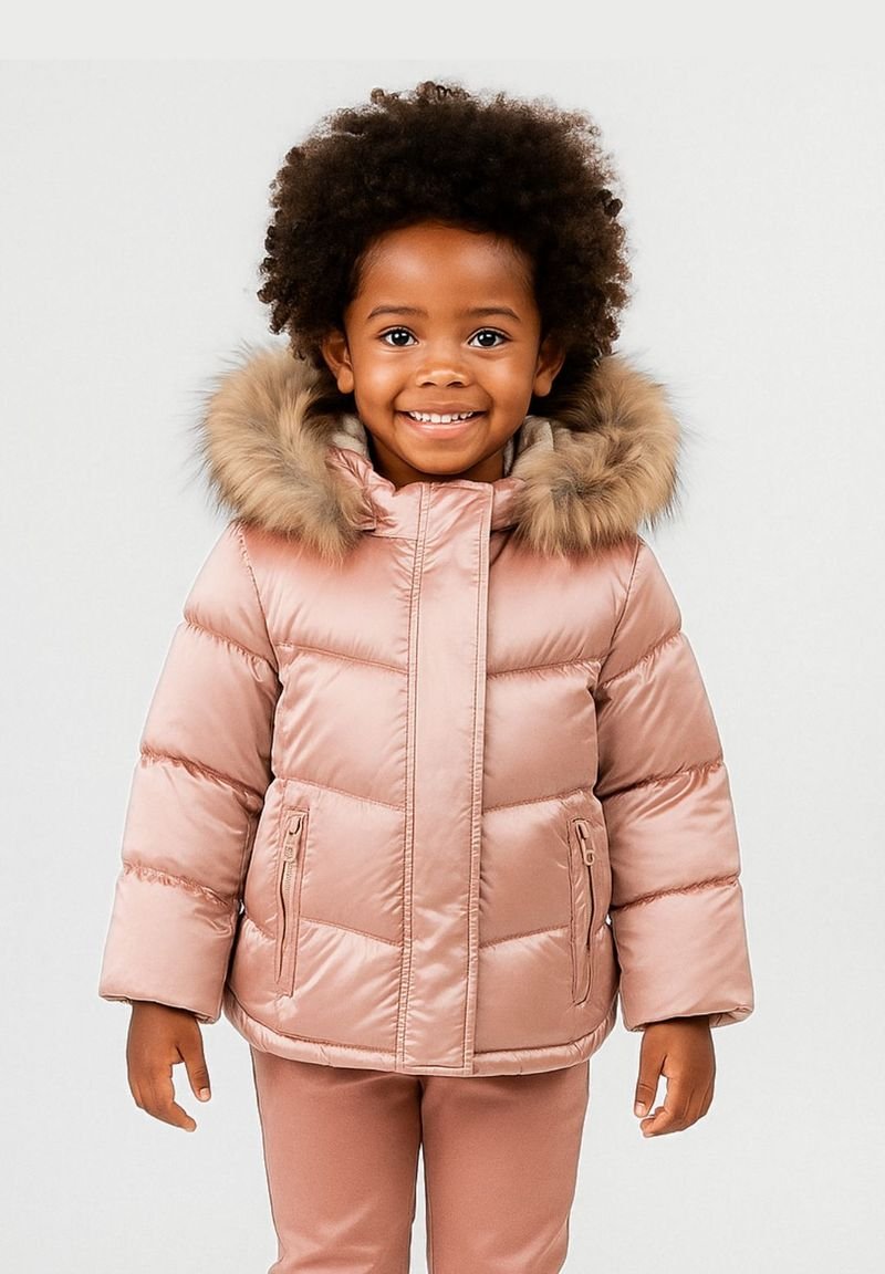 Giacca imbottita rosa chiaro con cappuccio in pelliccia sintetica, tasche con zip e design a trapunta. Materiale morbido e lucente con una vestibilità ampia, indossata da un bambino.