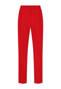 Pantalon droit rouge vif avec taille élastique et deux poches passepoilées à l'arrière, présenté de dos sur un fond blanc.