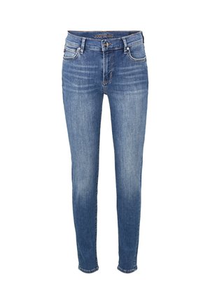 Jean skinny en denim bleu avec une légère décoloration. Dispose de cinq poches, de passants de ceinture et d'un zip avec un bouton. 