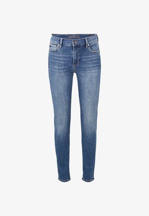 Jean skinny en denim bleu avec une légère décoloration. Dispose de cinq poches, de passants de ceinture et d'un zip avec un bouton.