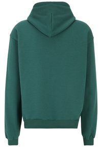 Felpa verde in cotone con cappuccio ampio, polsini e orlo a costine. Presenta una texture liscia e una vestibilità rilassata. Nessun dettaglio di design visibile sulla parte anteriore.