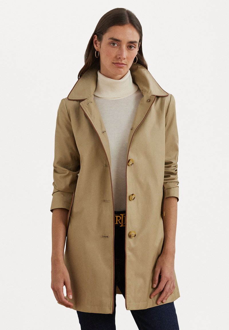 Lauren Ralph Lauren Petite FAUX-LEATHER-TRIM HOODED COAT - Parka - birch tan