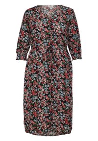 Blumenkleid mit V-Ausschnitt, dreiviertelärmeln, taillierter Taille und knielanger Länge. Es zeigt rote, blaue und grüne Blumen auf einem schwarzen Hintergrund.