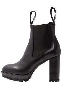 Black leather ankle boot with elastic side panels, rounded toe, high block heel, and textured rubber sole. Features a branded pull tab.