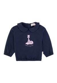 Felpa blu navy con colletto tondo e polsini elasticizzati, con un design di giraffa ricamato in rosa e il testo "sophie la girafe" sottostante.