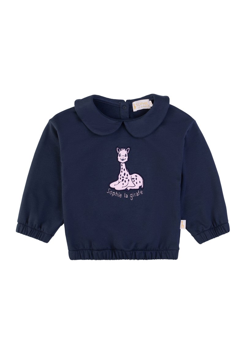 Felpa blu navy con colletto tondo e polsini elasticizzati, con un design di giraffa ricamato in rosa e il testo "sophie la girafe" sottostante.