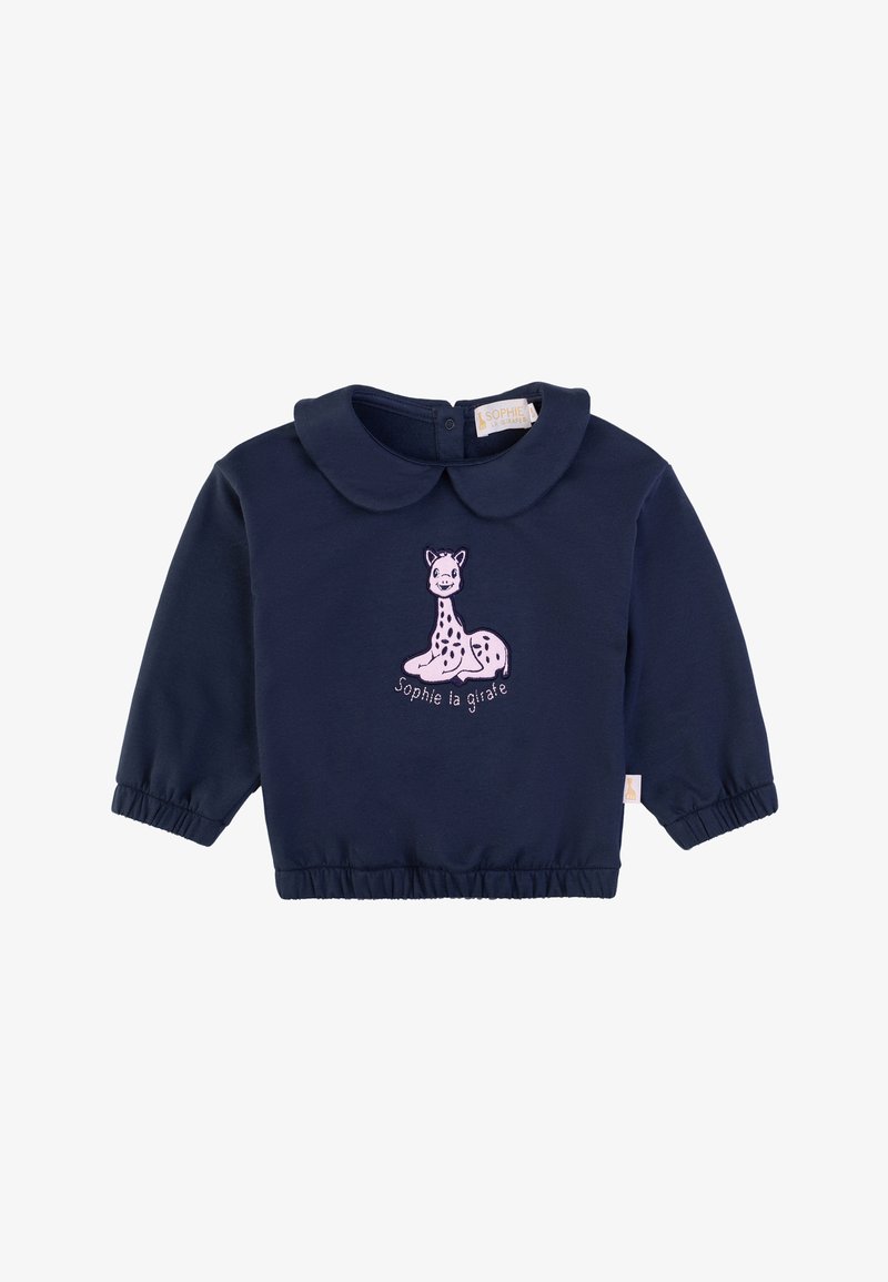 Navy sweatshirt with a round collar and elastic cuffs, featuring a pink embroidered giraffe design and text "sophie la girafe" below.