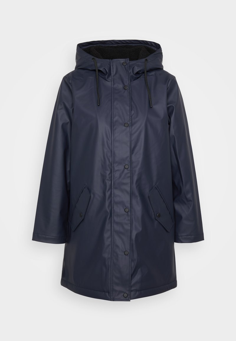 Veste imperméable navy avec capuche, dotée de boutons-pression, cordon de serrage et poches latérales. Texture lisse, design mi-long.
