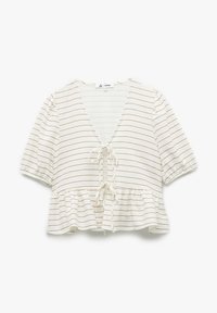 Top peplum a maniche corte in crema con sottili righe marroni, caratterizzato da scollatura a V e un dettaglio con fiocco sul davanti. Tessuto morbido e leggero.