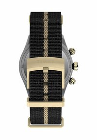 Timex watch featuring a black woven strap with a gold stripe, gold hardware accents, and a round gray case. Simple, functional design.