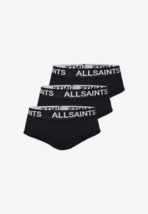 Conjunto de tres bragas de algodón negro, con una cinturilla elástica ancha que presenta el logo "ALLSAINTS" en blanco y un diseño ajustado.