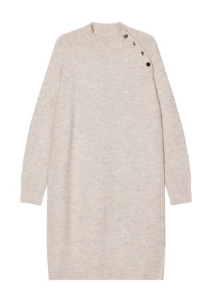 Robe en tricot beige avec un col haut, des poignets côtelés et des boutons sur le côté. Texture douce et coupe ample, design longueur genou.