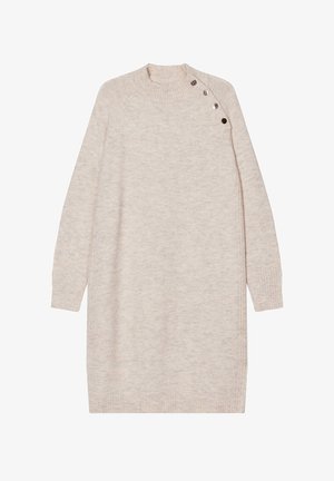 Robe en tricot beige avec un col haut, des poignets côtelés et des boutons sur le côté. Texture douce et coupe ample, design longueur genou.
