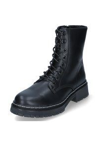 Schwarze Leder-Stiefelette mit runder Zehenpartie und hohem Schaft, ausgestattet mit Schnürsenkeln, Metallösen und einer strukturierten Gummisohle mit dickem Absatz.