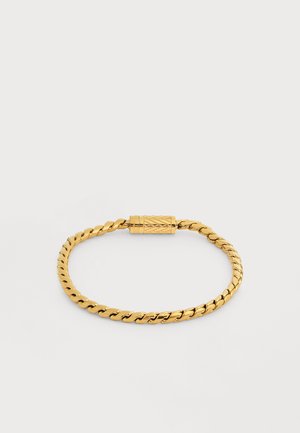 Pulseira de corrente torcida dourada com fecho retangular decorado, num fundo claro simples.
