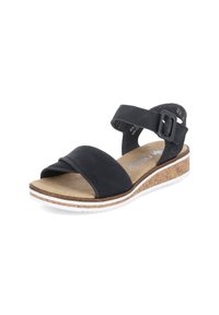 Black sandal with wide cross strap made of soft material, cork wedge sole, adjustable ankle strap with buckle, textured footbed.