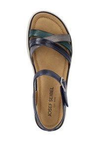 Navy leather sandal with green and gray straps, adjustable buckle, and a beige cushioned footbed. Lightweight design with a contoured shape.