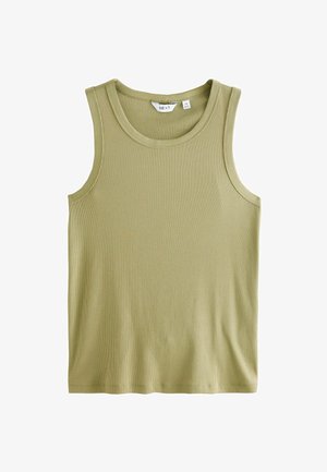 Olive green ribbed tank top with a round neckline and wide shoulder straps. Made of soft fabric, featuring a regular fit and no patterns.