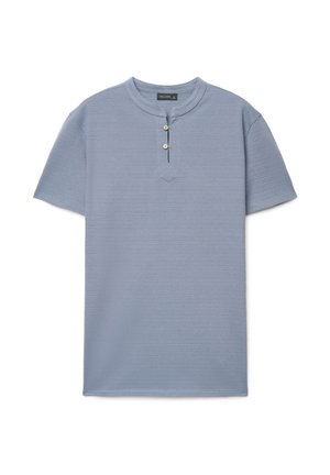 Light blue short-sleeve Henley shirt with textured fabric and two beige buttons on the front placket.