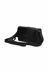 Borsa a tracolla in pelle nera con texture a coccodrillo, con tracolla regolabile, chiusura a patta e logo "Burkely" sul fronte.