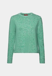 Pull en maille vert à manches longues, col rond, avec une texture mêlée, présenté sur un fond clair uni.