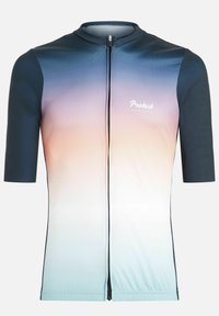 Krátky cyklistický dres s modro-ružovým gradientom, hladký povrch, predný zips a potlačou "Protest" na hrudi.